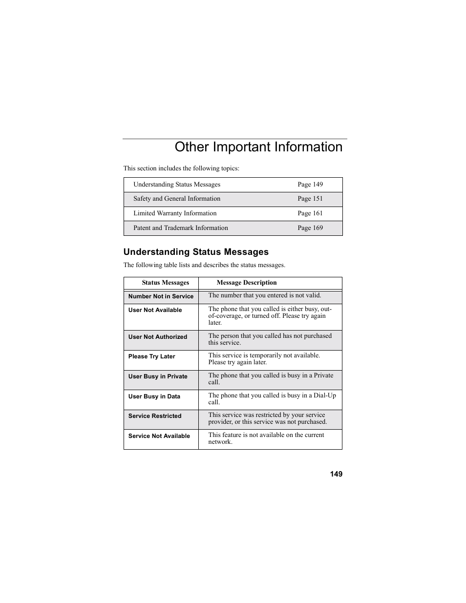 Other important information, Understanding status messages | Motorola i55sr Phone User Manual | Page 149 / 176