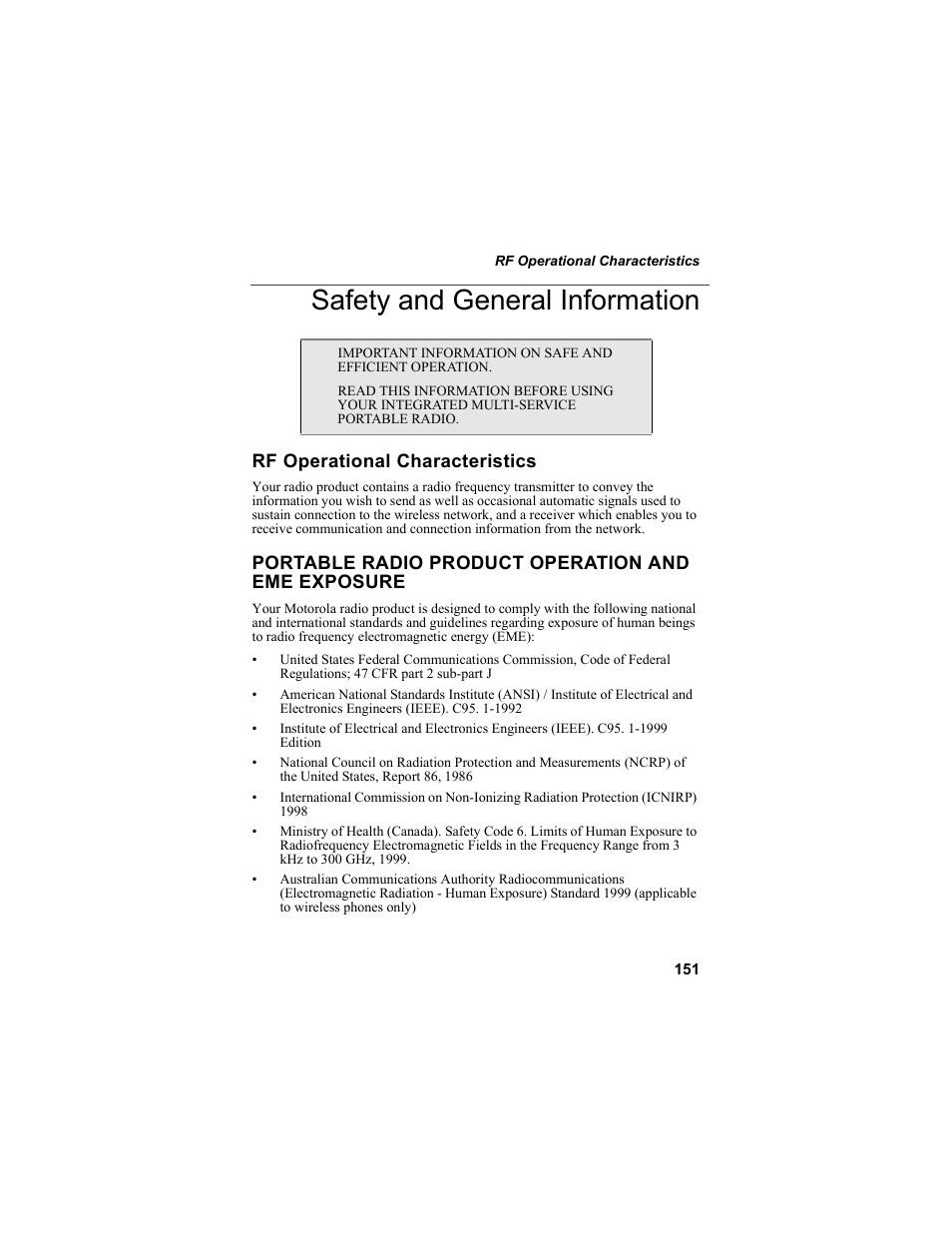 Safety and general information, Rf operational characteristics, Portable radio product operation and eme exposure | Motorola i55sr Phone User Manual | Page 151 / 176
