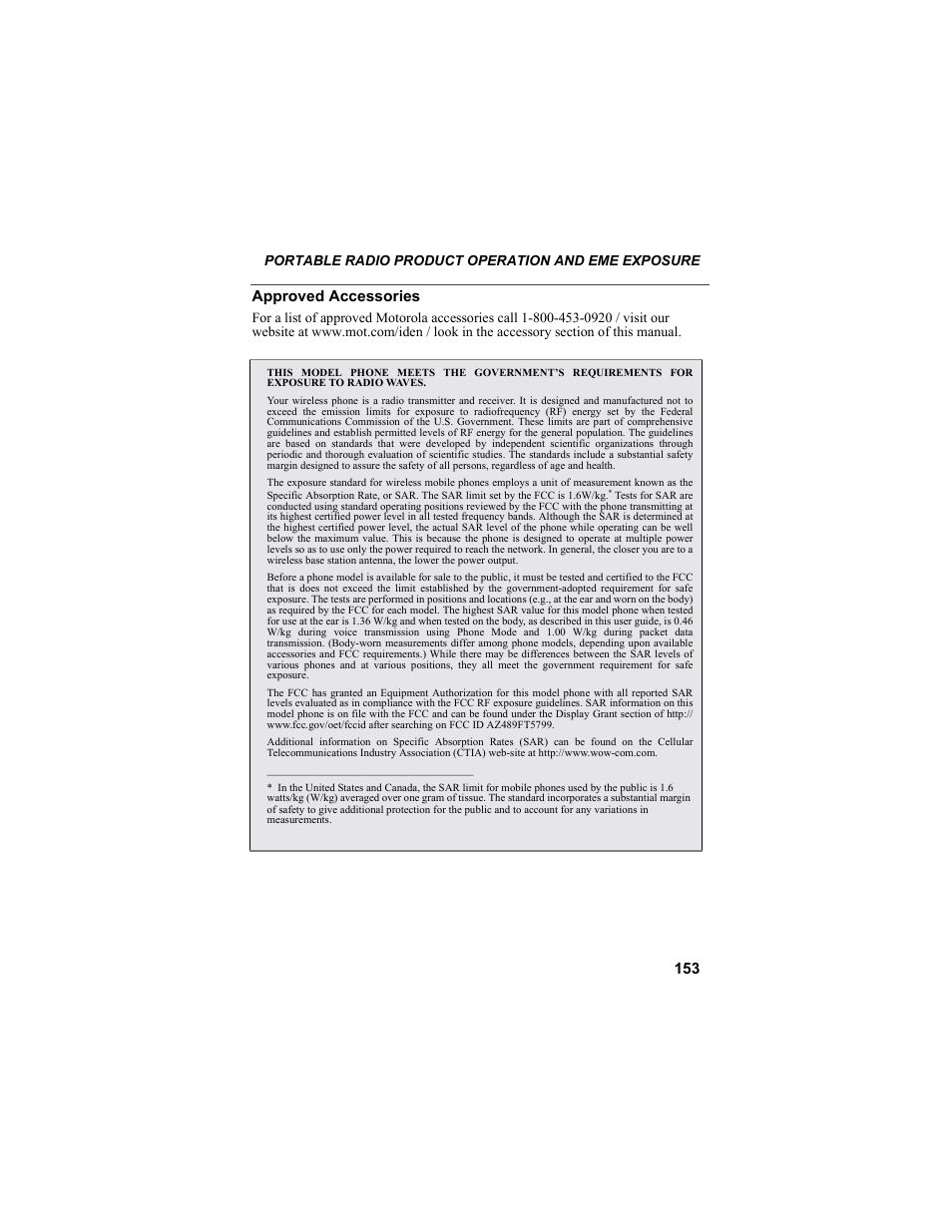 Approved accessories, Portable radio product operation and eme exposure | Motorola i55sr Phone User Manual | Page 153 / 176