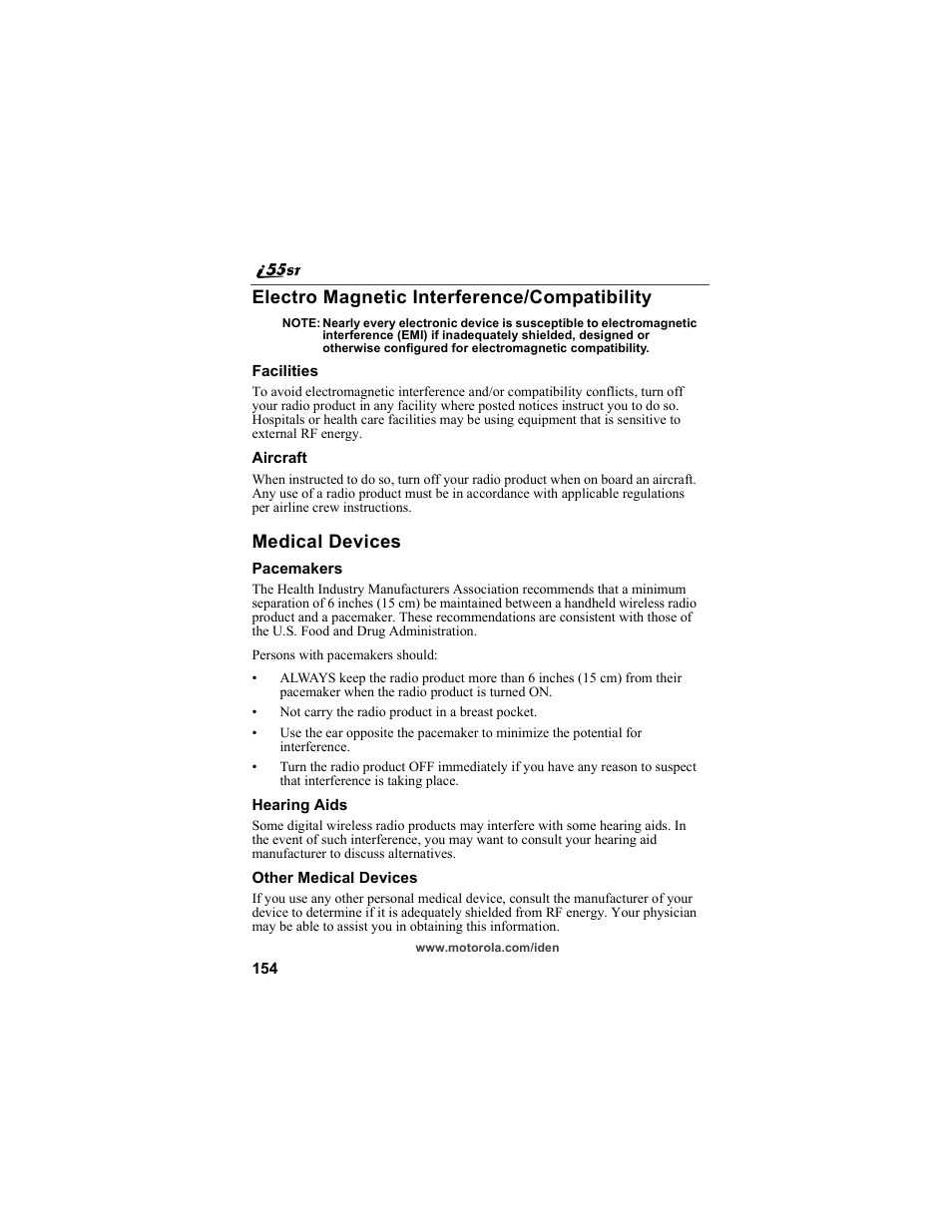 Electro magnetic interference/compatibility, Medical devices | Motorola i55sr Phone User Manual | Page 154 / 176