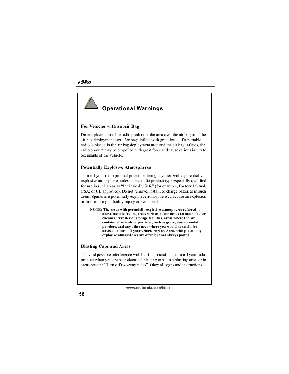 Operational warnings | Motorola i55sr Phone User Manual | Page 156 / 176