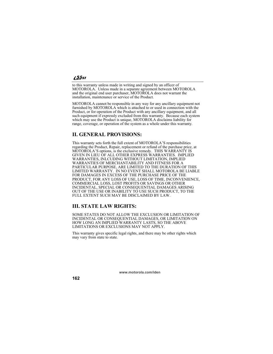 Ii. general provisions, Iii. state law rights | Motorola i55sr Phone User Manual | Page 162 / 176