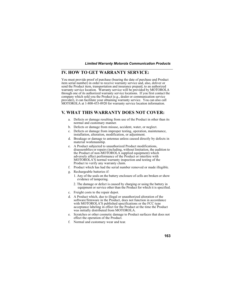 Iv. how to get warranty service, V. what this warranty does not cover | Motorola i55sr Phone User Manual | Page 163 / 176