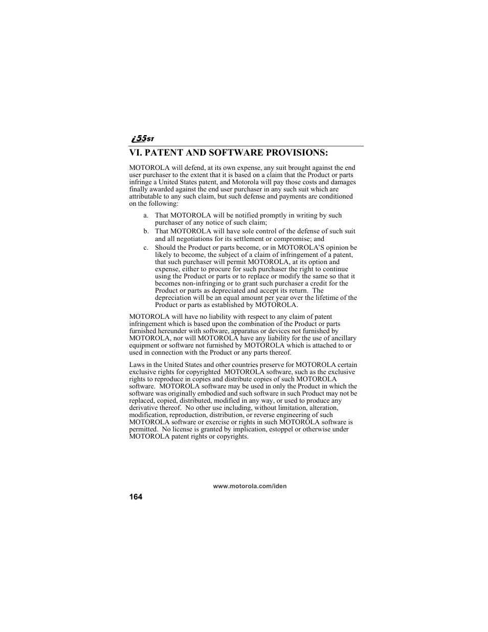Vi. patent and software provisions | Motorola i55sr Phone User Manual | Page 164 / 176