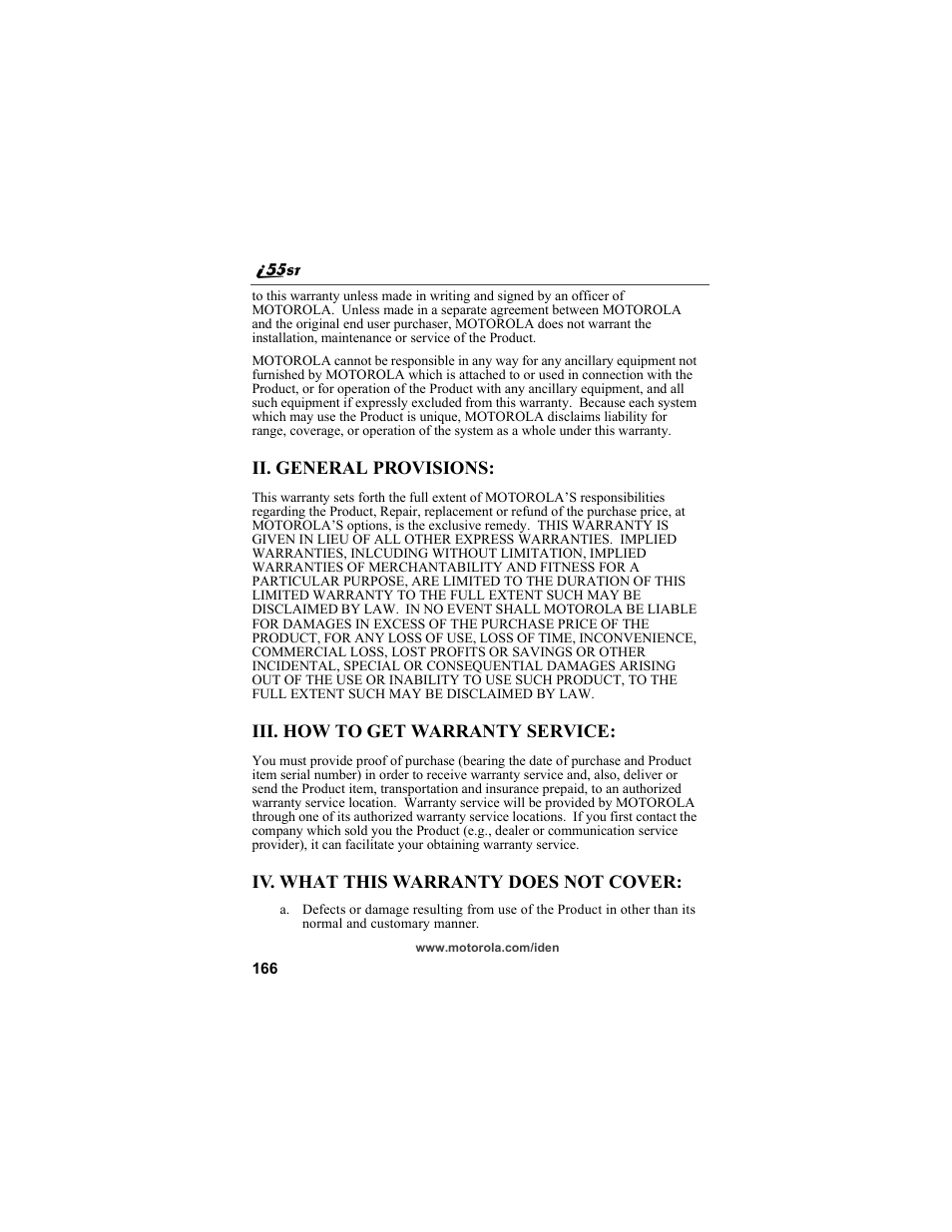 Ii. general provisions, Iii. how to get warranty service, Iv. what this warranty does not cover | Motorola i55sr Phone User Manual | Page 166 / 176