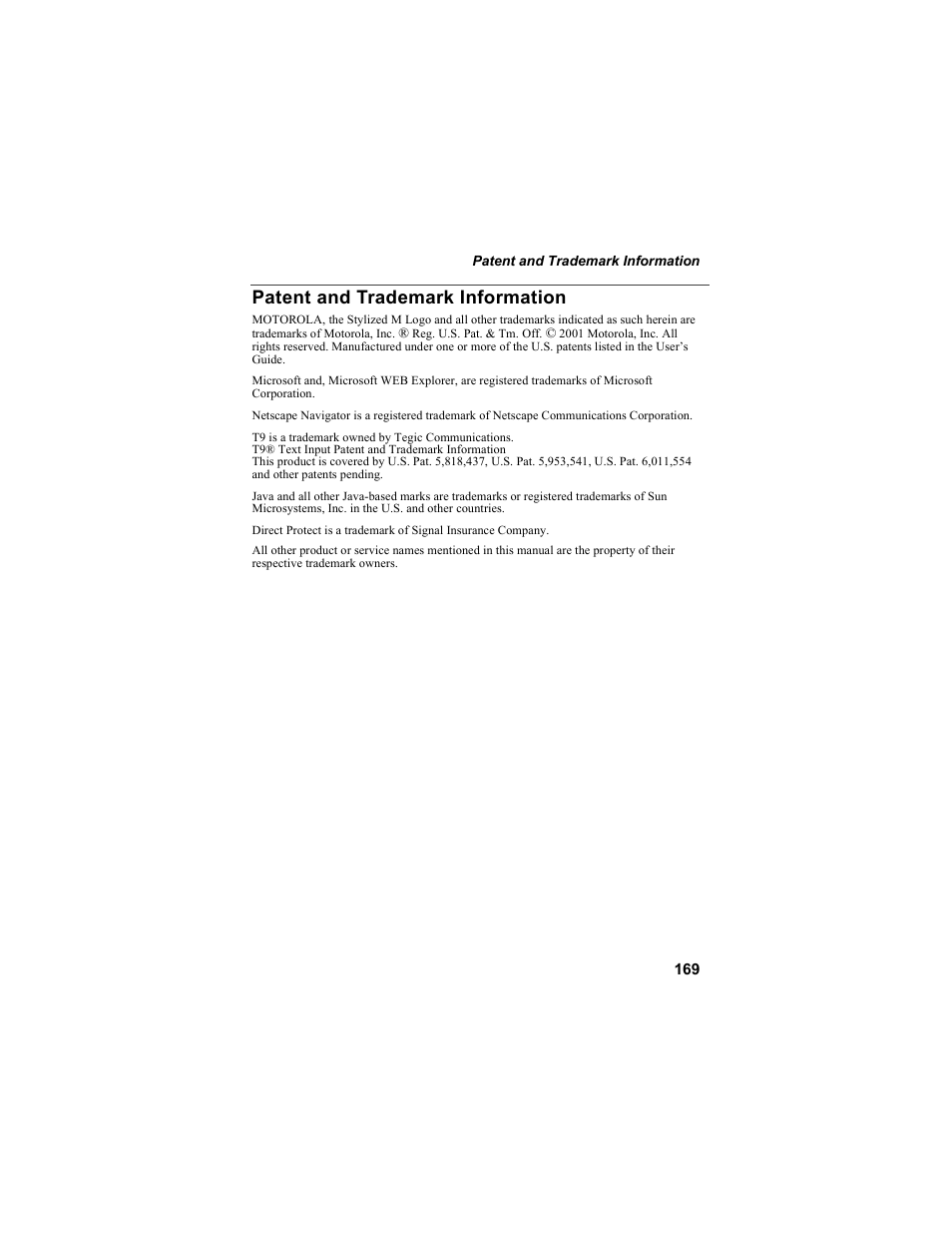 Patent and trademark information | Motorola i55sr Phone User Manual | Page 169 / 176