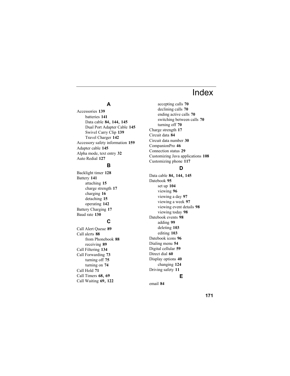Index | Motorola i55sr Phone User Manual | Page 171 / 176