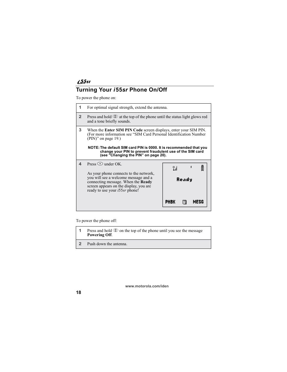 Turning your i55sr phone on/off, Turning your | Motorola i55sr Phone User Manual | Page 18 / 176