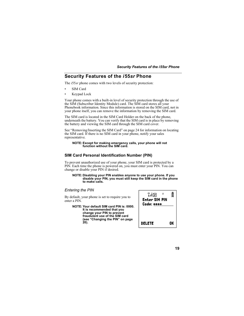 Security features of the i55sr phone, Security features of the | Motorola i55sr Phone User Manual | Page 19 / 176