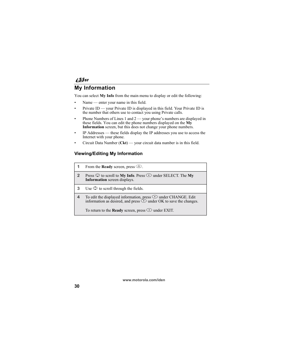 My information | Motorola i55sr Phone User Manual | Page 30 / 176