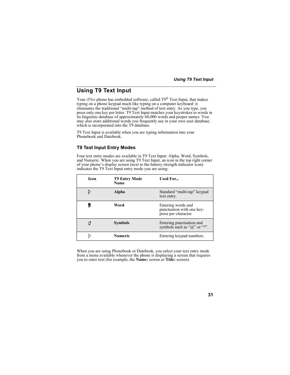 Using t9 text input | Motorola i55sr Phone User Manual | Page 31 / 176
