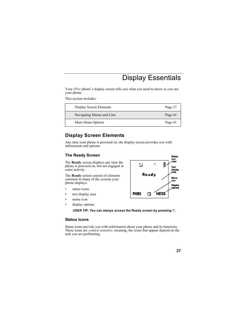 Display essentials, Display screen elements | Motorola i55sr Phone User Manual | Page 37 / 176