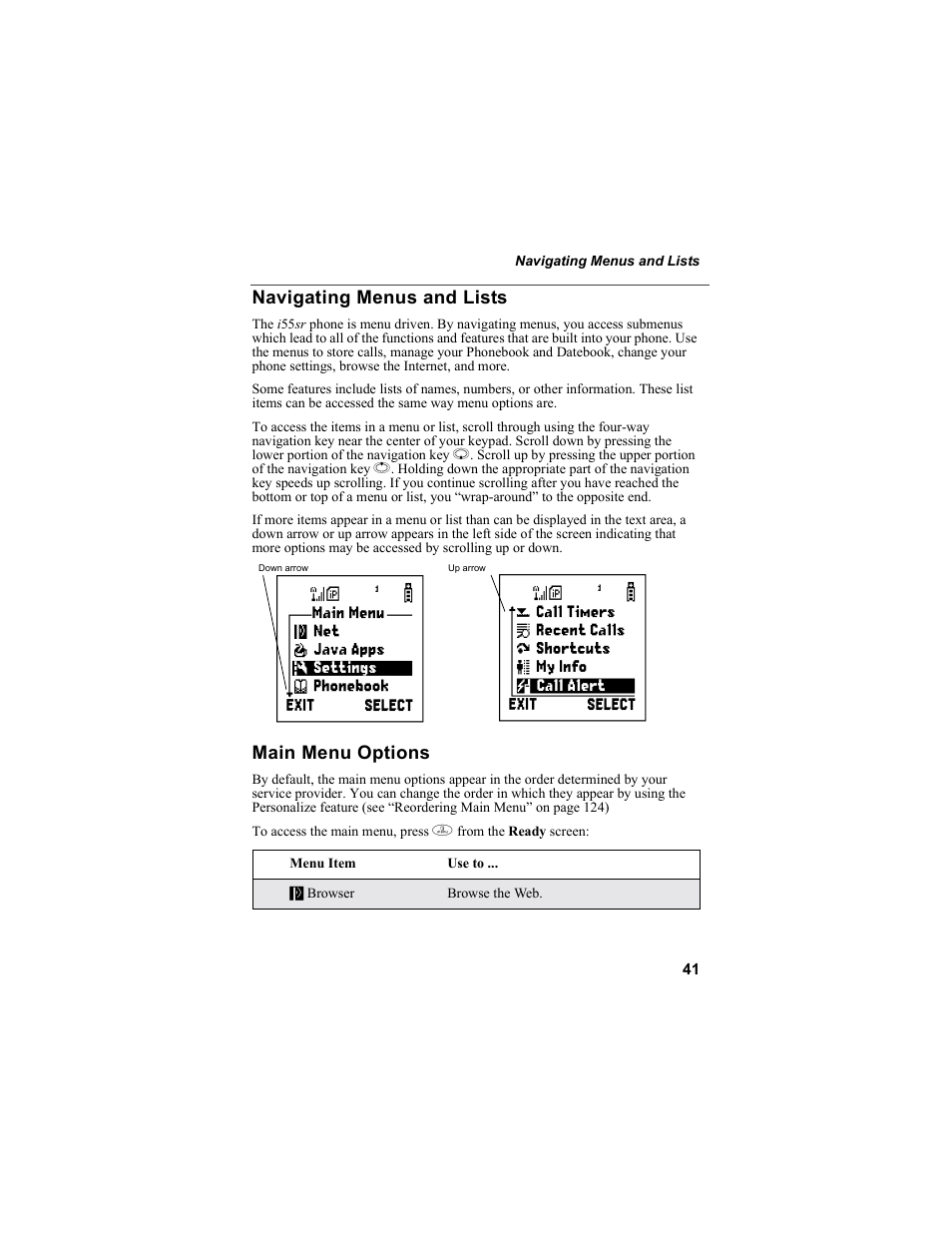 Navigating menus and lists, Main menu options, Navigating menus and lists main menu options | Main menu | Motorola i55sr Phone User Manual | Page 41 / 176