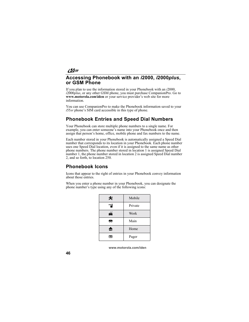 Phonebook entries and speed dial numbers, Phonebook icons, Accessing phonebook with an i | Accessing phonebook with an i2000, i2000plus, or, Gsm phone | Motorola i55sr Phone User Manual | Page 46 / 176