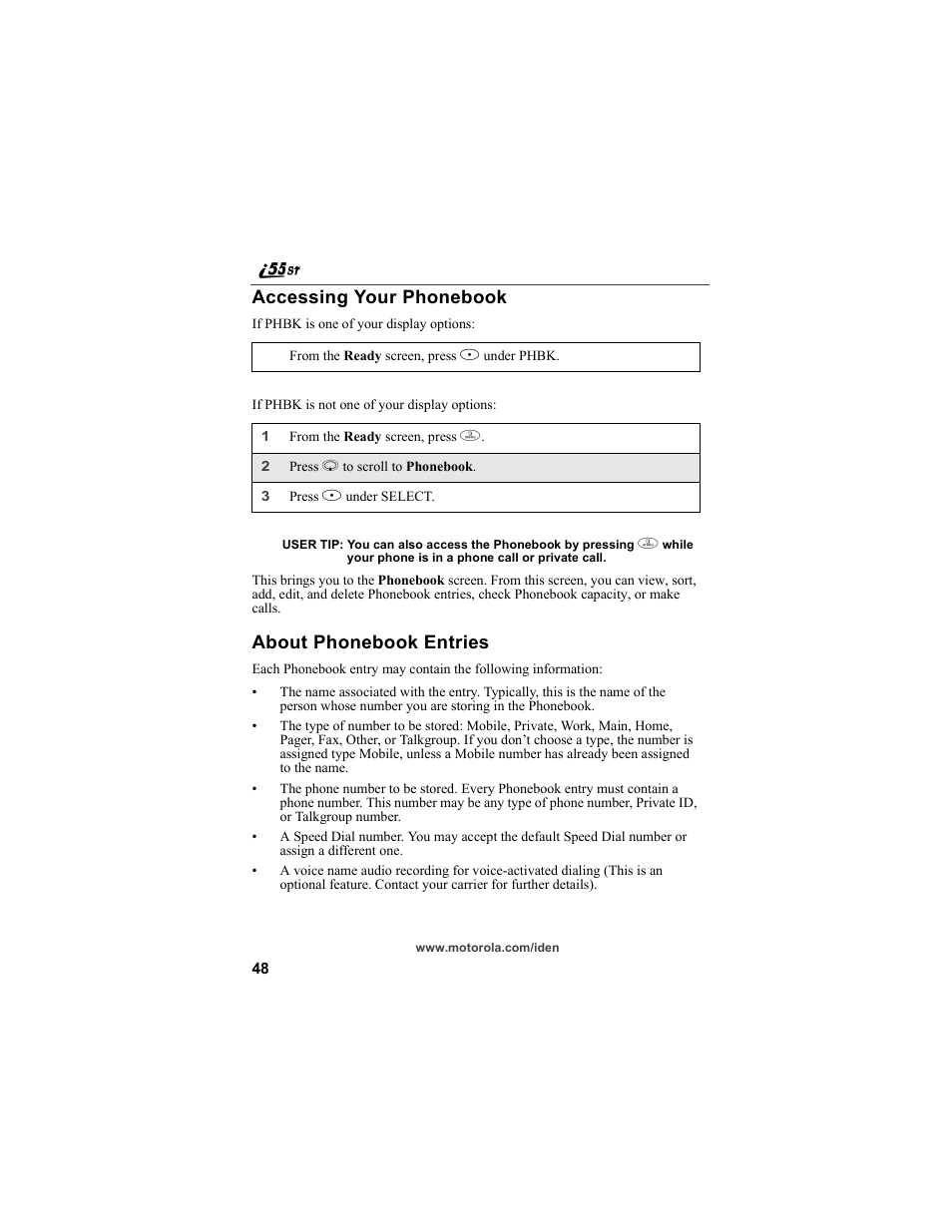Accessing your phonebook, About phonebook entries, Accessing your phonebook about phonebook entries | Motorola i55sr Phone User Manual | Page 48 / 176