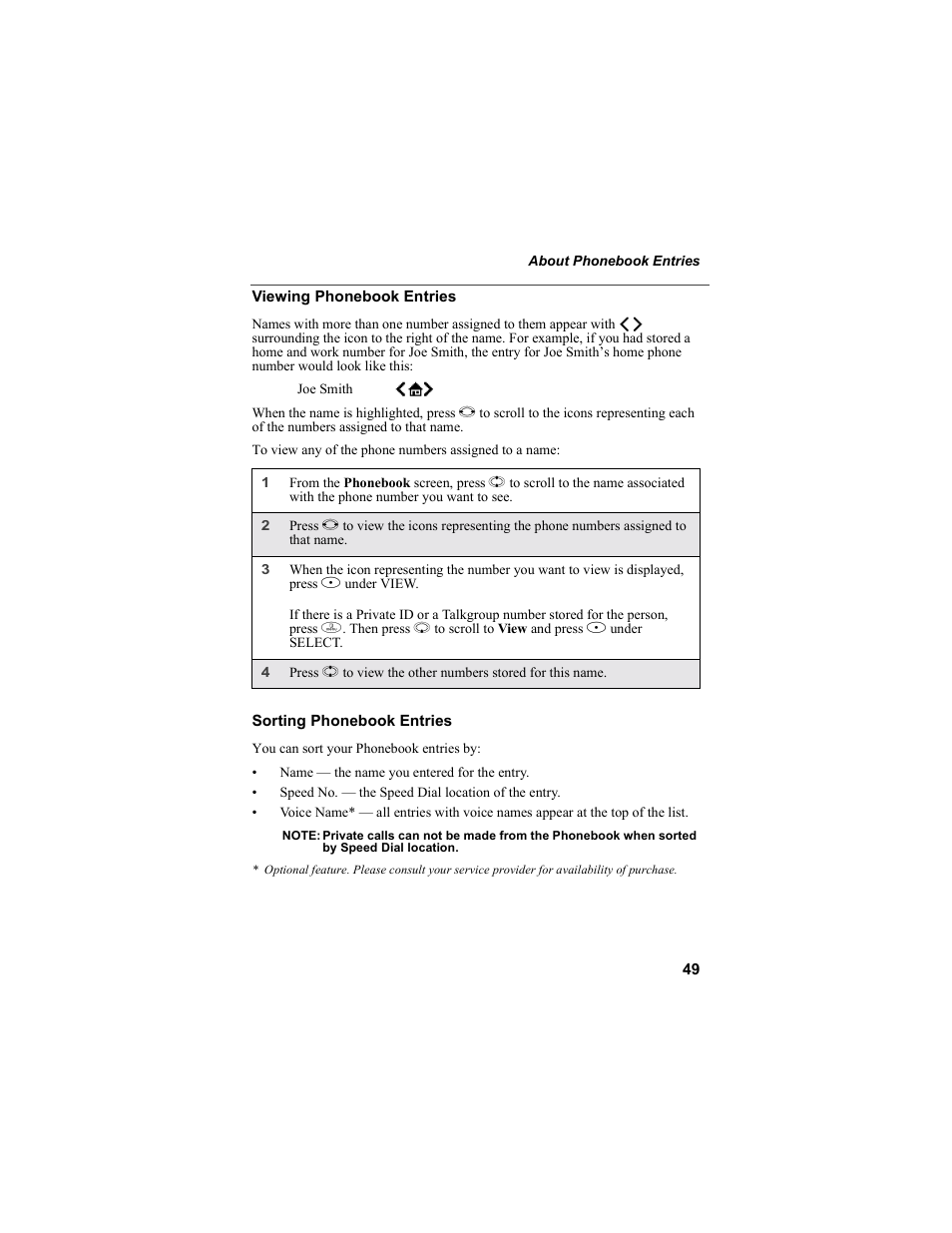 Viewing phonebook entries, Sorting phonebook entries | Motorola i55sr Phone User Manual | Page 49 / 176
