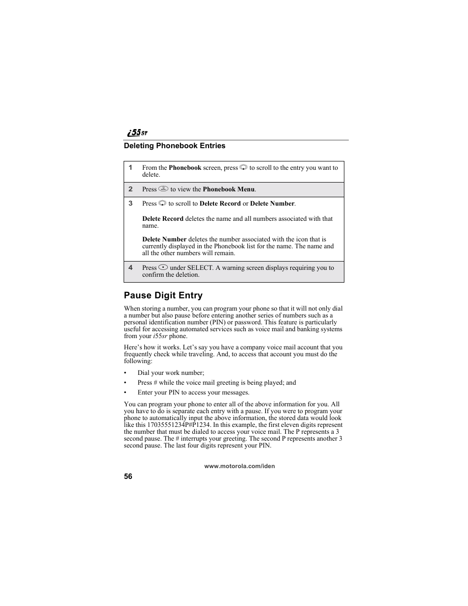 Pause digit entry, Deleting phonebook entries | Motorola i55sr Phone User Manual | Page 56 / 176