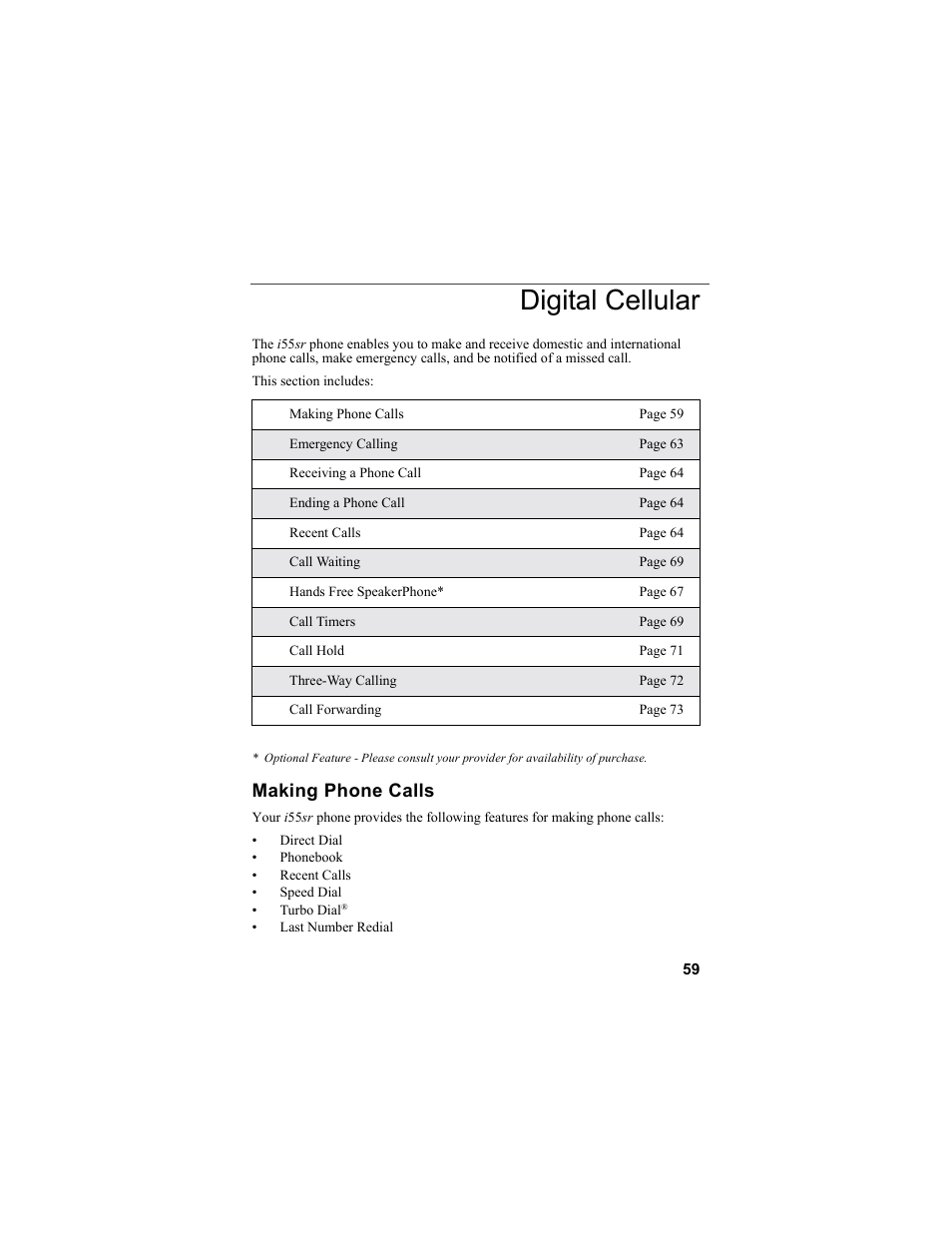 Digital cellular, Making phone calls | Motorola i55sr Phone User Manual | Page 59 / 176