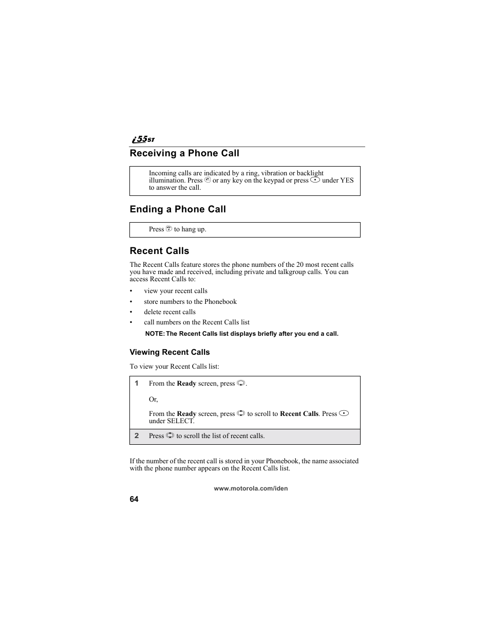 Receiving a phone call, Ending a phone call, Recent calls | Motorola i55sr Phone User Manual | Page 64 / 176