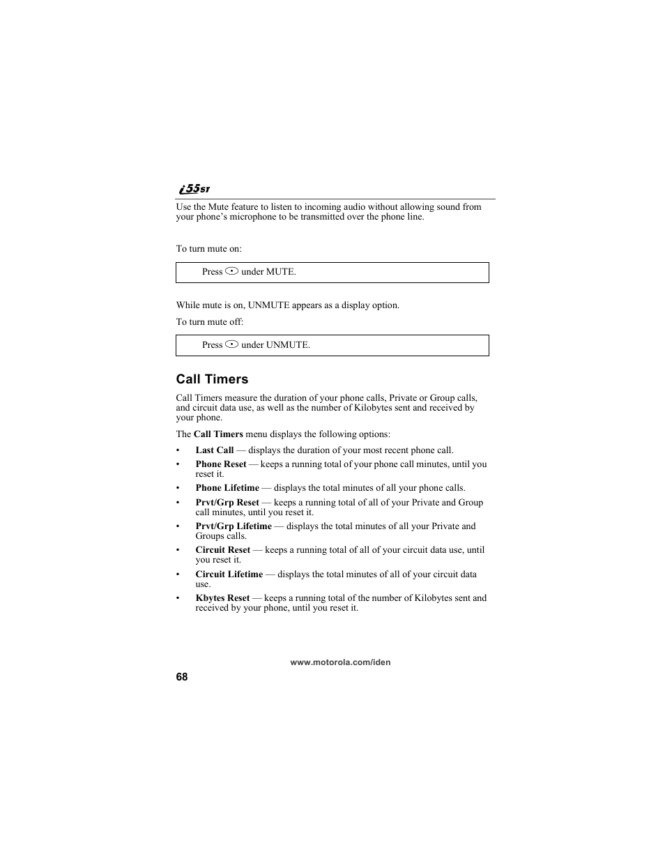 Call timers | Motorola i55sr Phone User Manual | Page 68 / 176