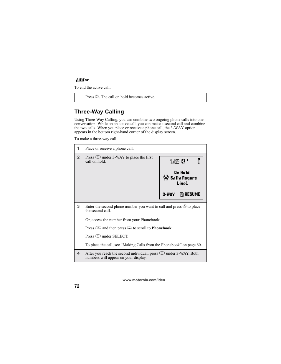 Three-way calling | Motorola i55sr Phone User Manual | Page 72 / 176