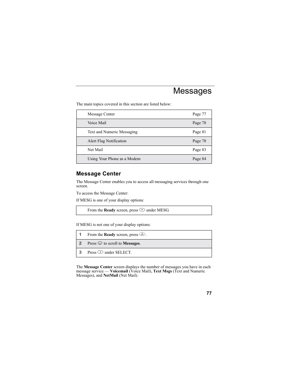 Messages, Message center | Motorola i55sr Phone User Manual | Page 77 / 176
