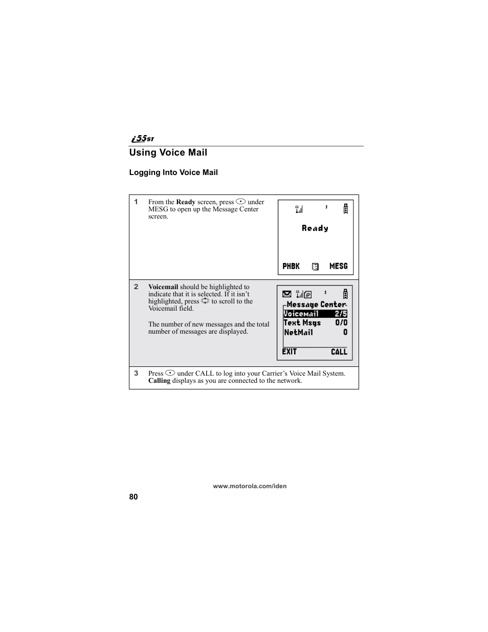Using voice mail | Motorola i55sr Phone User Manual | Page 80 / 176