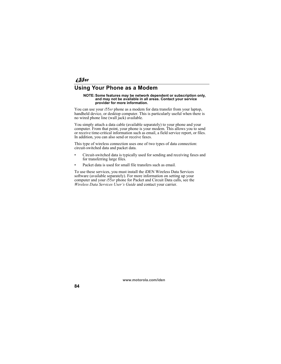 Using your phone as a modem | Motorola i55sr Phone User Manual | Page 84 / 176