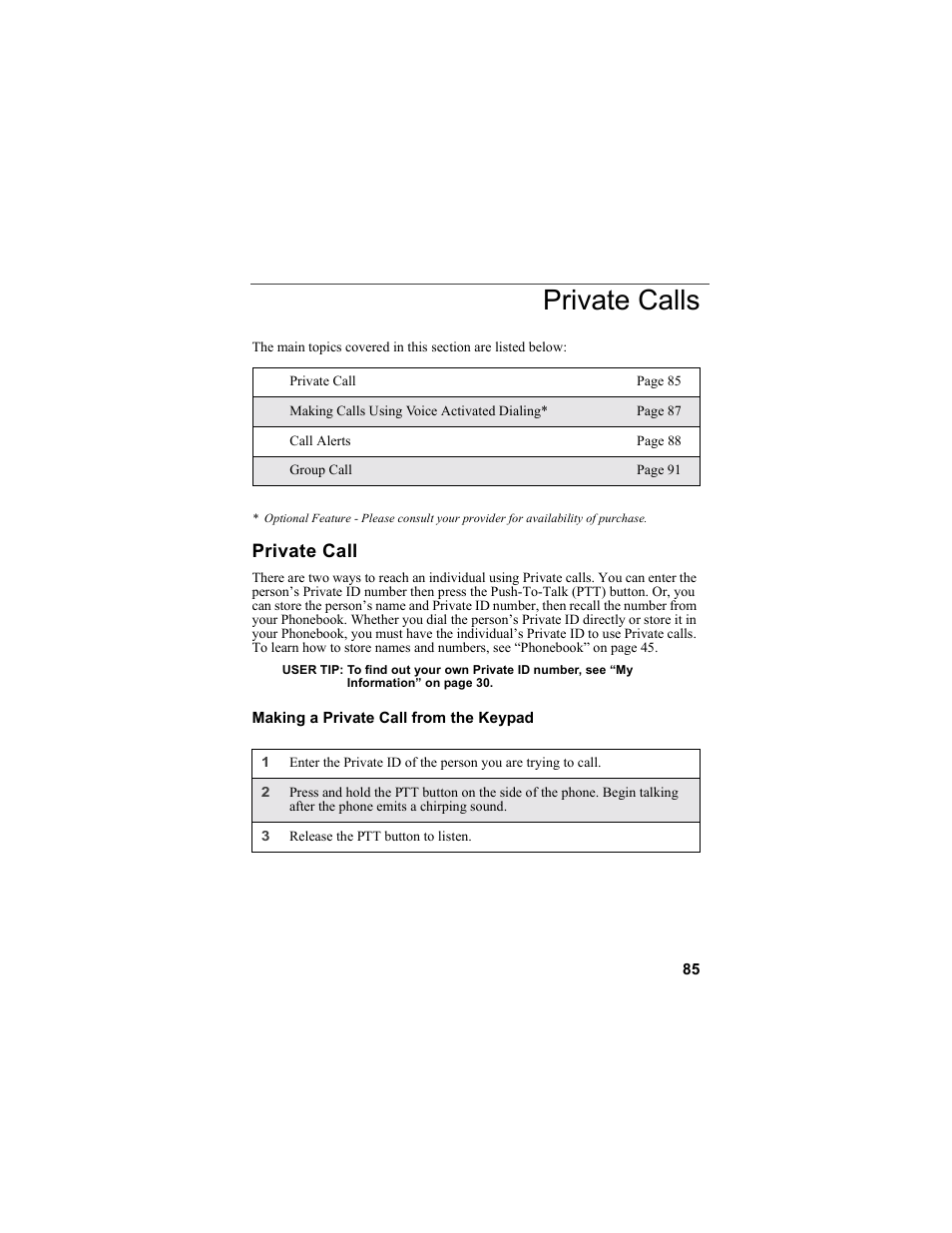 Private calls, Private call | Motorola i55sr Phone User Manual | Page 85 / 176