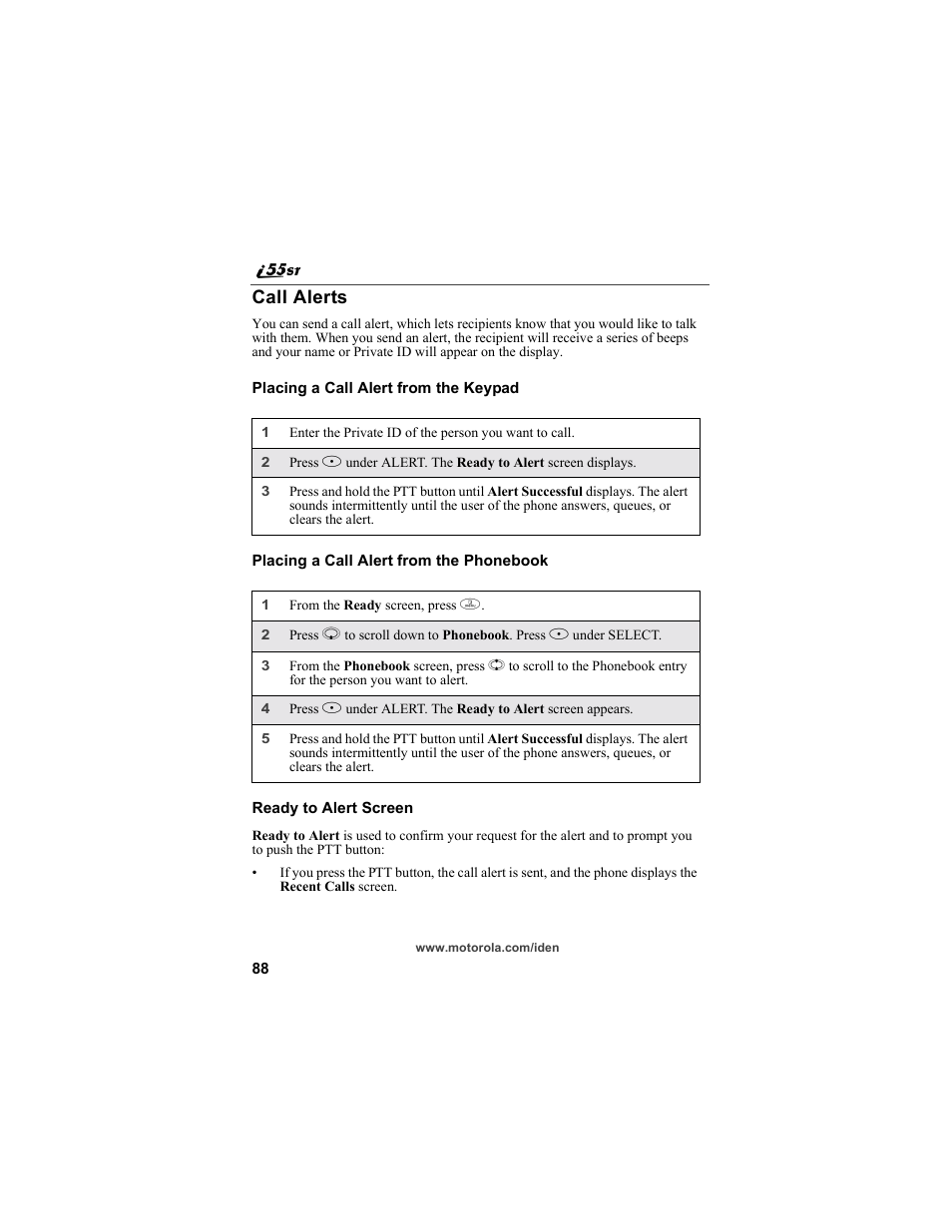Call alerts | Motorola i55sr Phone User Manual | Page 88 / 176