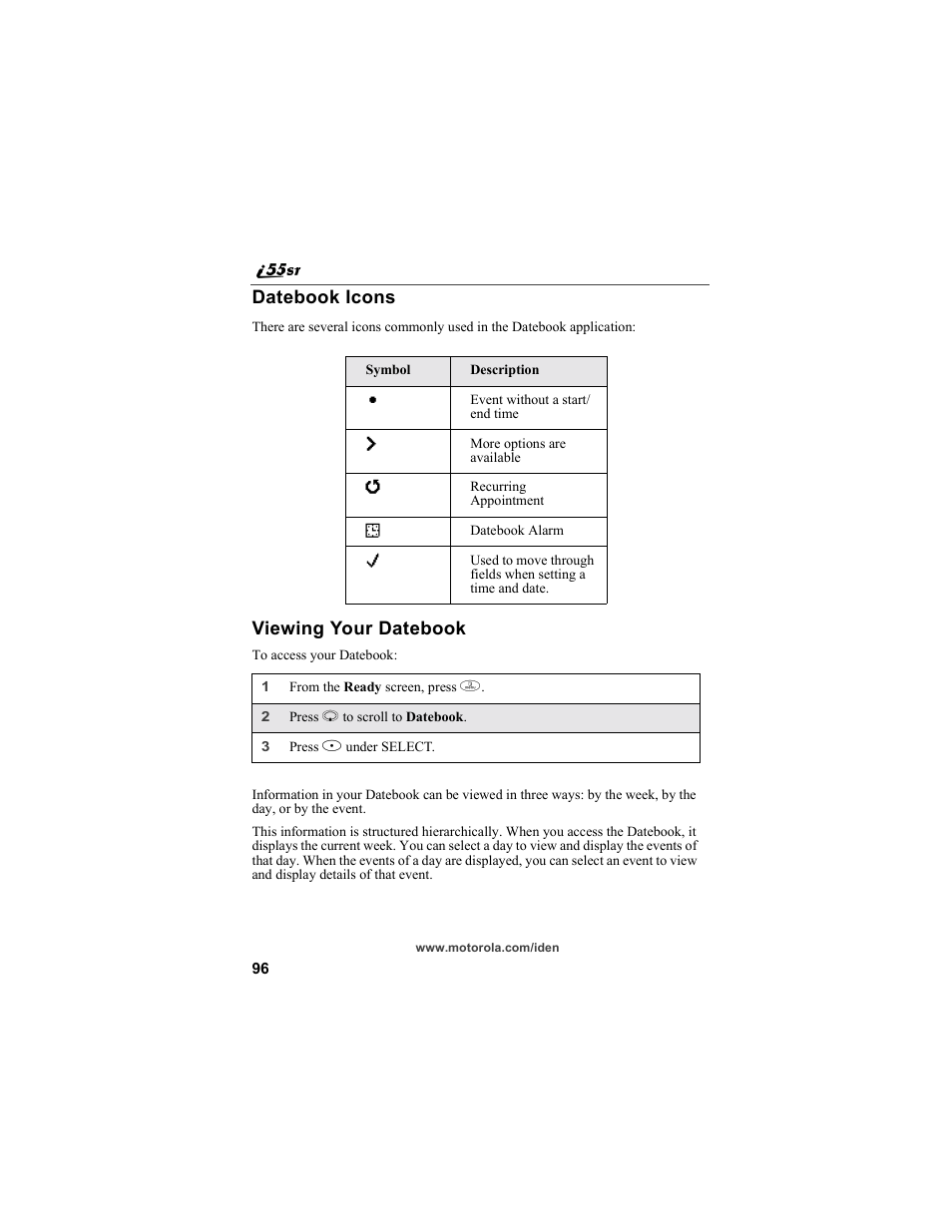 Datebook icons, Viewing your datebook, Datebook icons viewing your datebook | Motorola i55sr Phone User Manual | Page 96 / 176