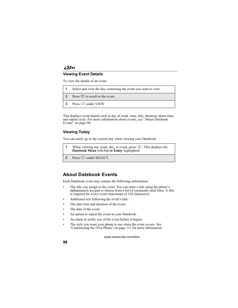 About datebook events | Motorola i55sr Phone User Manual | Page 98 / 176