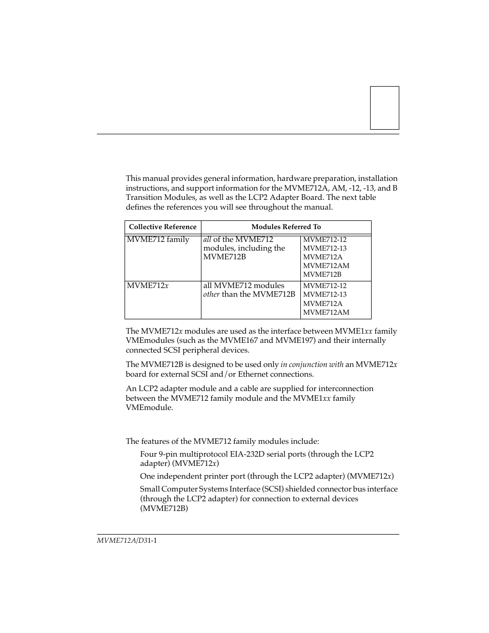 General information, Introduction, Features of the mvme712 family modules | Motorola MVME712B User Manual | Page 12 / 74