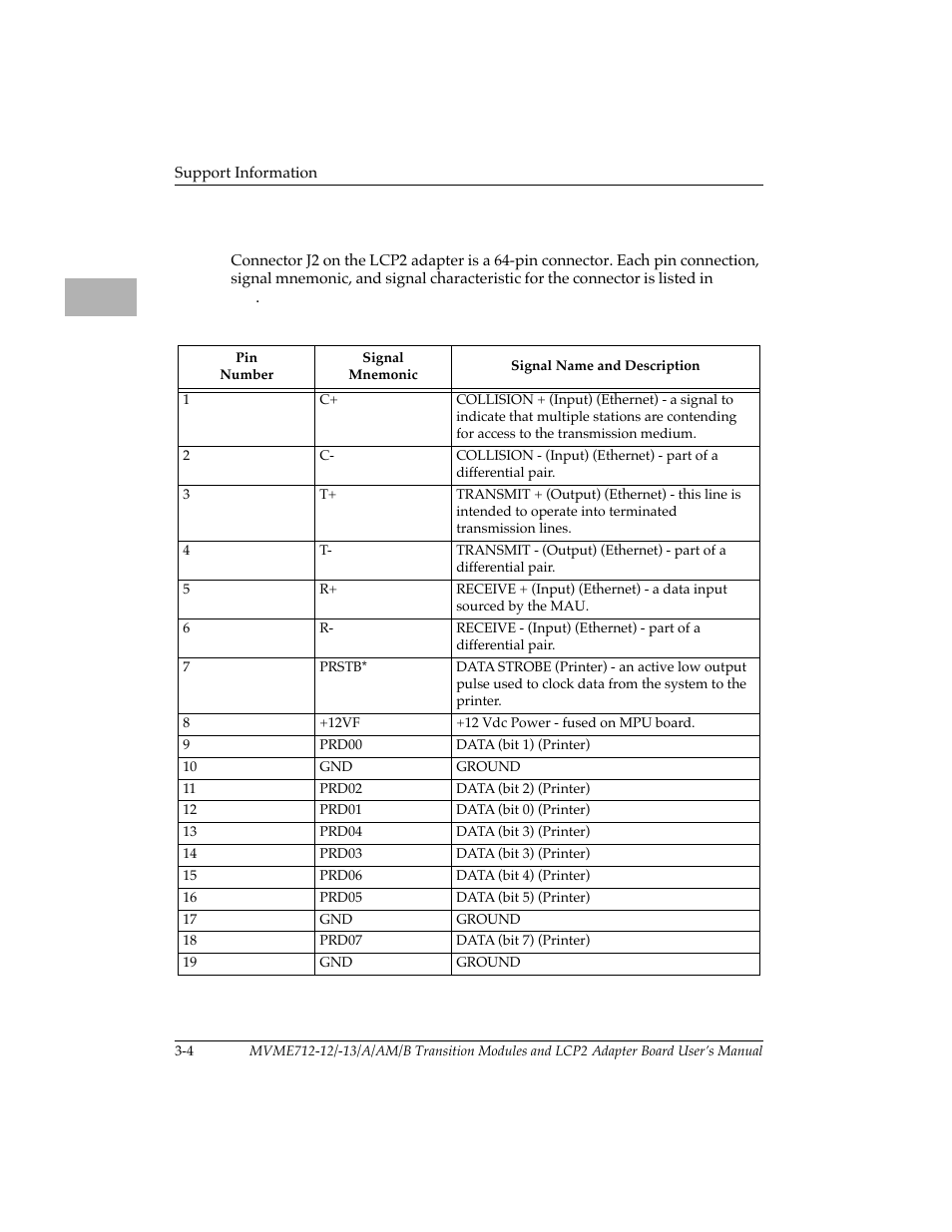Connector j2 interconnect signals (lcp2 adapter), Table 3-4. connector j2 interconnect signals (lcp2, Table 3-4 | Motorola MVME712B User Manual | Page 37 / 74