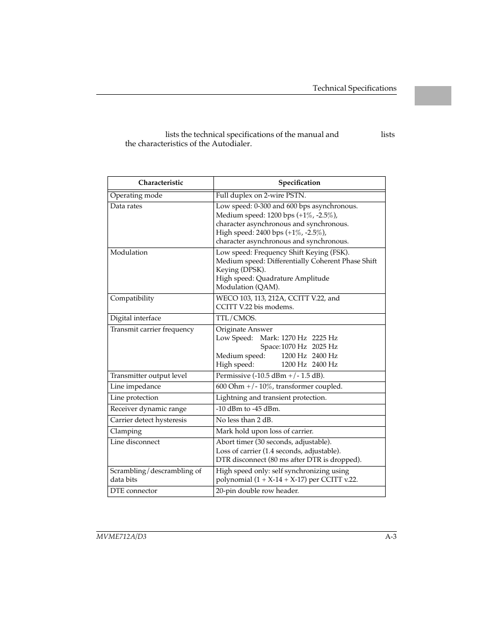 Technical specifications, Table a-2. technical specifications (continued), Technical speciþcations a-3 | Atechnical specifications | Motorola MVME712B User Manual | Page 70 / 74