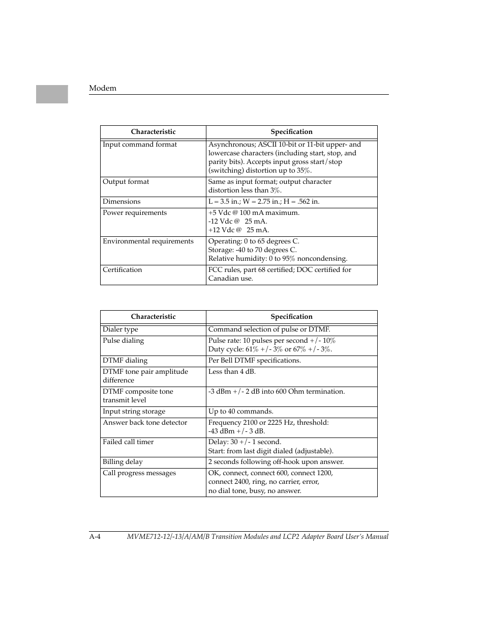 Table a-3. autodialer characteristics | Motorola MVME712B User Manual | Page 71 / 74