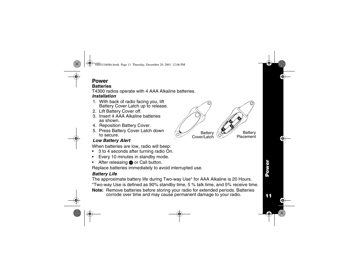 Power, Battery installation, Low battery alert | Battery life | Motorola T4300 User Manual | Page 15 / 32