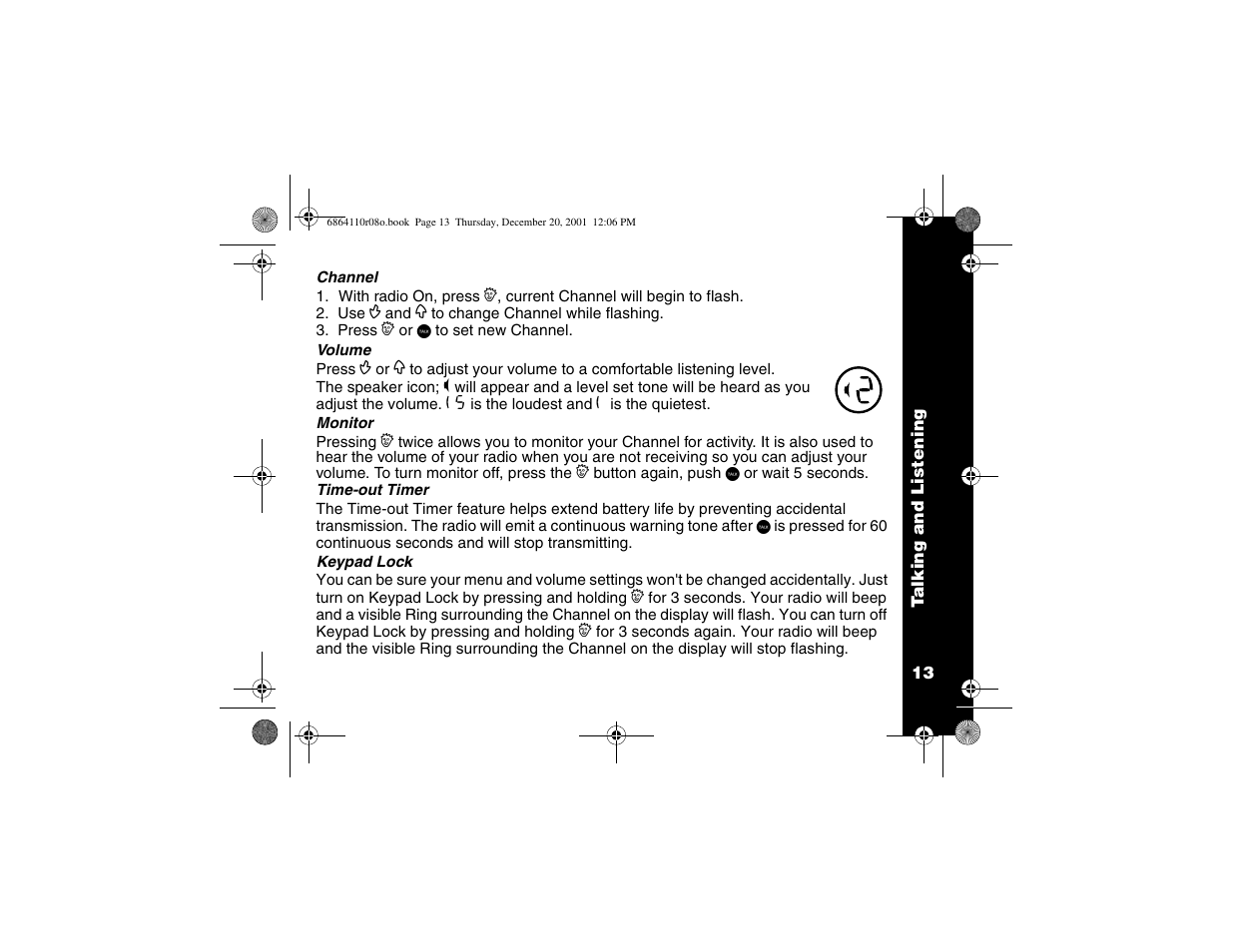 Channel, Volume, Monitor | Time-out timer, Keypad lock | Motorola T4300 User Manual | Page 17 / 32