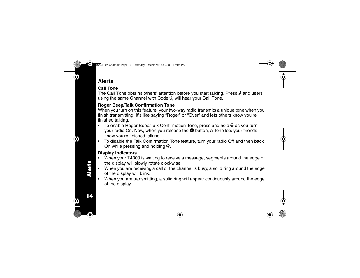 Alerts, Call tone, Roger beep/talk confirmation tone | Display indicators | Motorola T4300 User Manual | Page 18 / 32