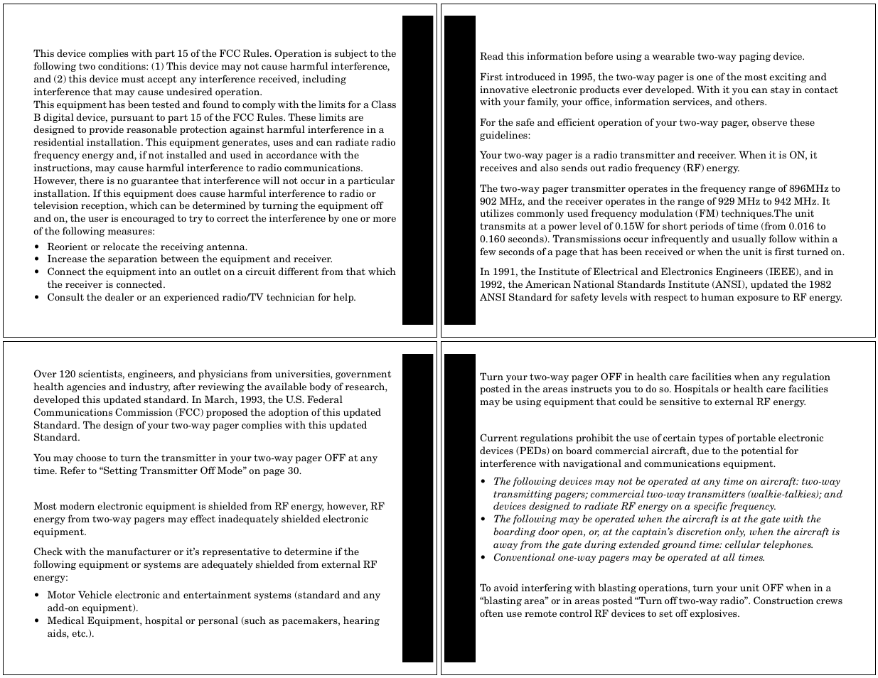 Fcc compliance, Safety information, Electronic devices | Aircraft, Blasting areas, Fcc com pl ianc e, Sa fety i n for m a ti o n | Motorola TIMEPORT PF1500 User Manual | Page 10 / 13