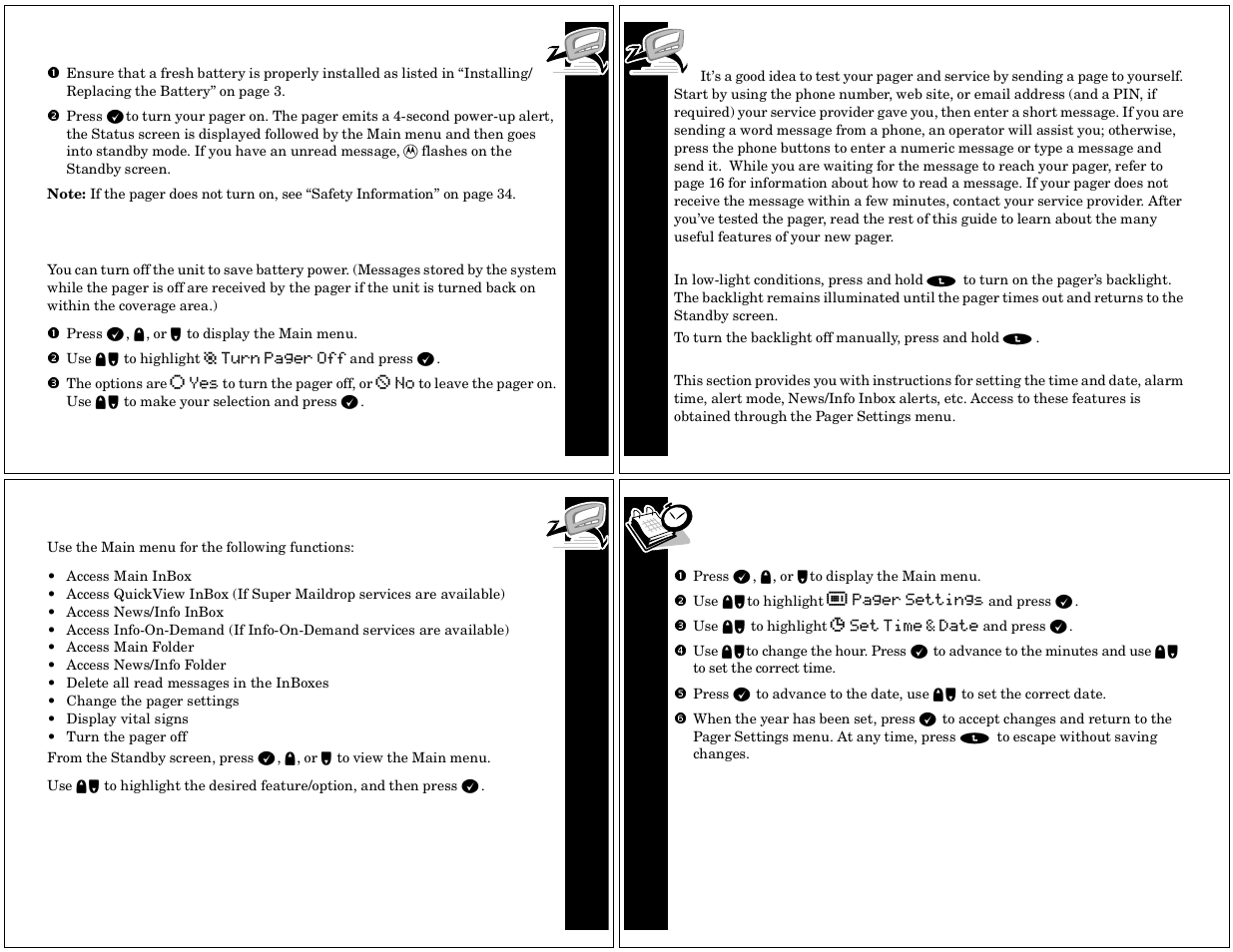 Backlight, Using the main menu, Time and date | Setting the time and date, Ge t t ing st ar t e d, Ge t t ing st art ed, Tim e an d dat e | Motorola TIMEPORT PF1500 User Manual | Page 3 / 13