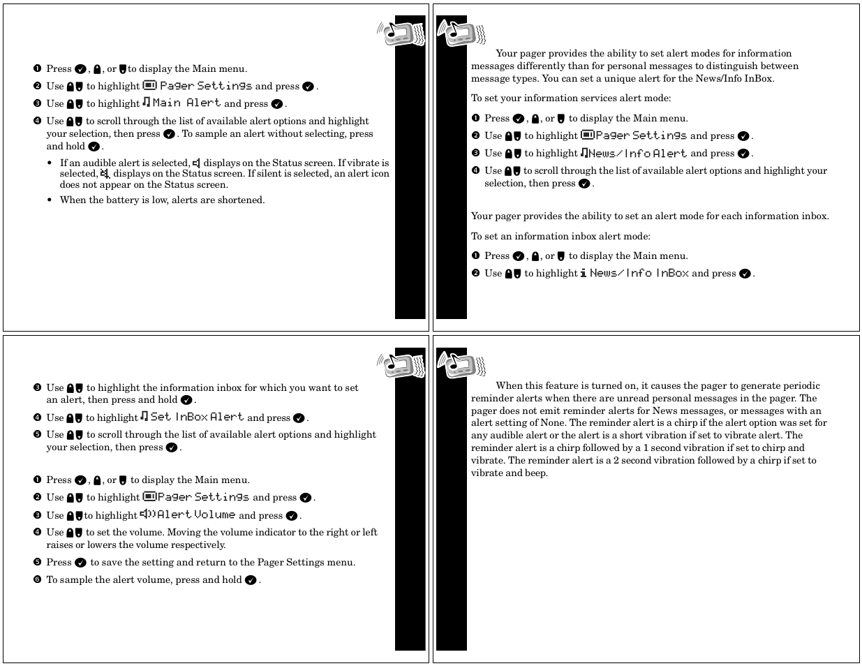 Al ert s, Setting the main alert mode, Setting the news/ info alert mode | Reminder alert | Motorola TIMEPORT PF1500 User Manual | Page 4 / 13