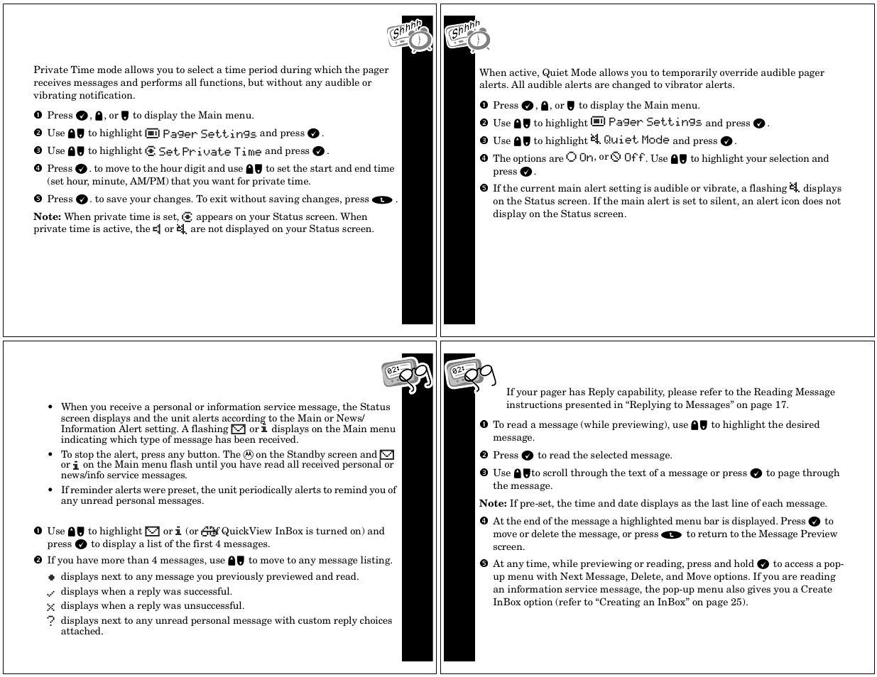 Private time, Quiet mode, Messages | Previewing and reading messages, Pri vate t im e, Messag es | Motorola TIMEPORT PF1500 User Manual | Page 5 / 13