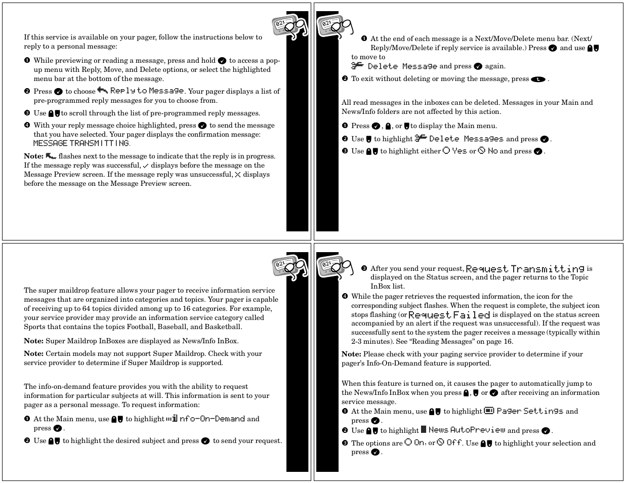 Replying to messages, Deleting messages, Deleting all read messages | Advanced messaging, Super maildrop messages, Using info- on- demand, Setting news autopreview, Messag es, Adva nced messag in g | Motorola TIMEPORT PF1500 User Manual | Page 6 / 13