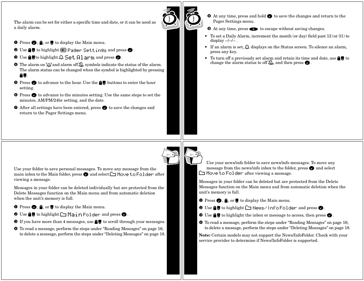 Alarms, Folders, Using your main folder | Using your news/ info folder, Al ar m s, Al arm s, Fo ld er s | Motorola TIMEPORT PF1500 User Manual | Page 7 / 13