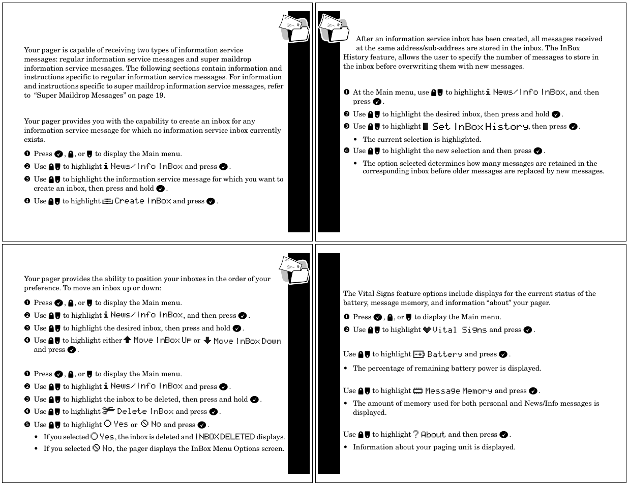 Inboxes, Using your news/ info inbox, Creating an inbox | Viewing inbox message history, Setting inbox history, Moving an inbox up/ down, Deleting an inbox, Vital signs, Checking vital signs, Checking battery status | Motorola TIMEPORT PF1500 User Manual | Page 8 / 13