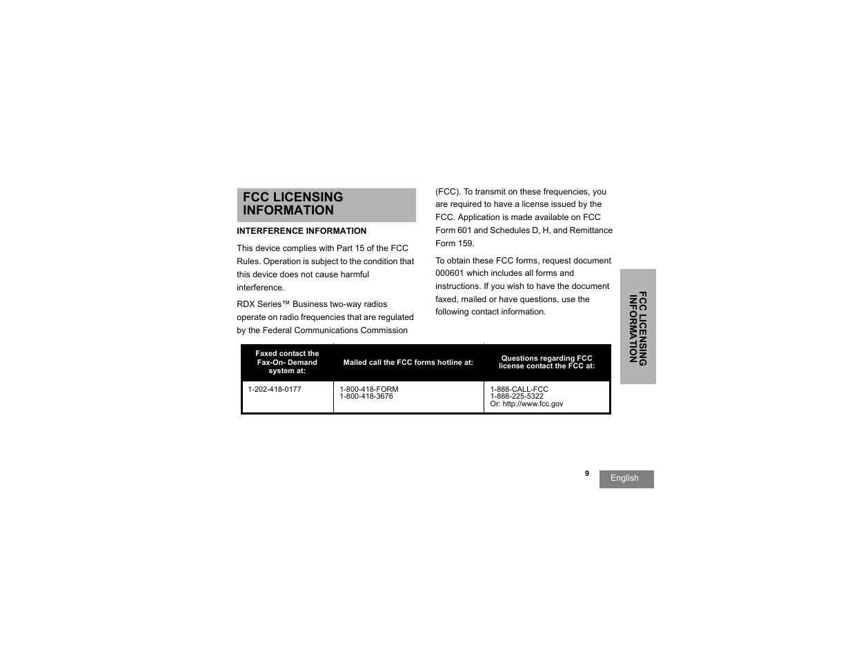 Fcc licensing information, Fcc licensing information interference information | Motorola RDX SERIES RDU4100 User Manual | Page 11 / 99