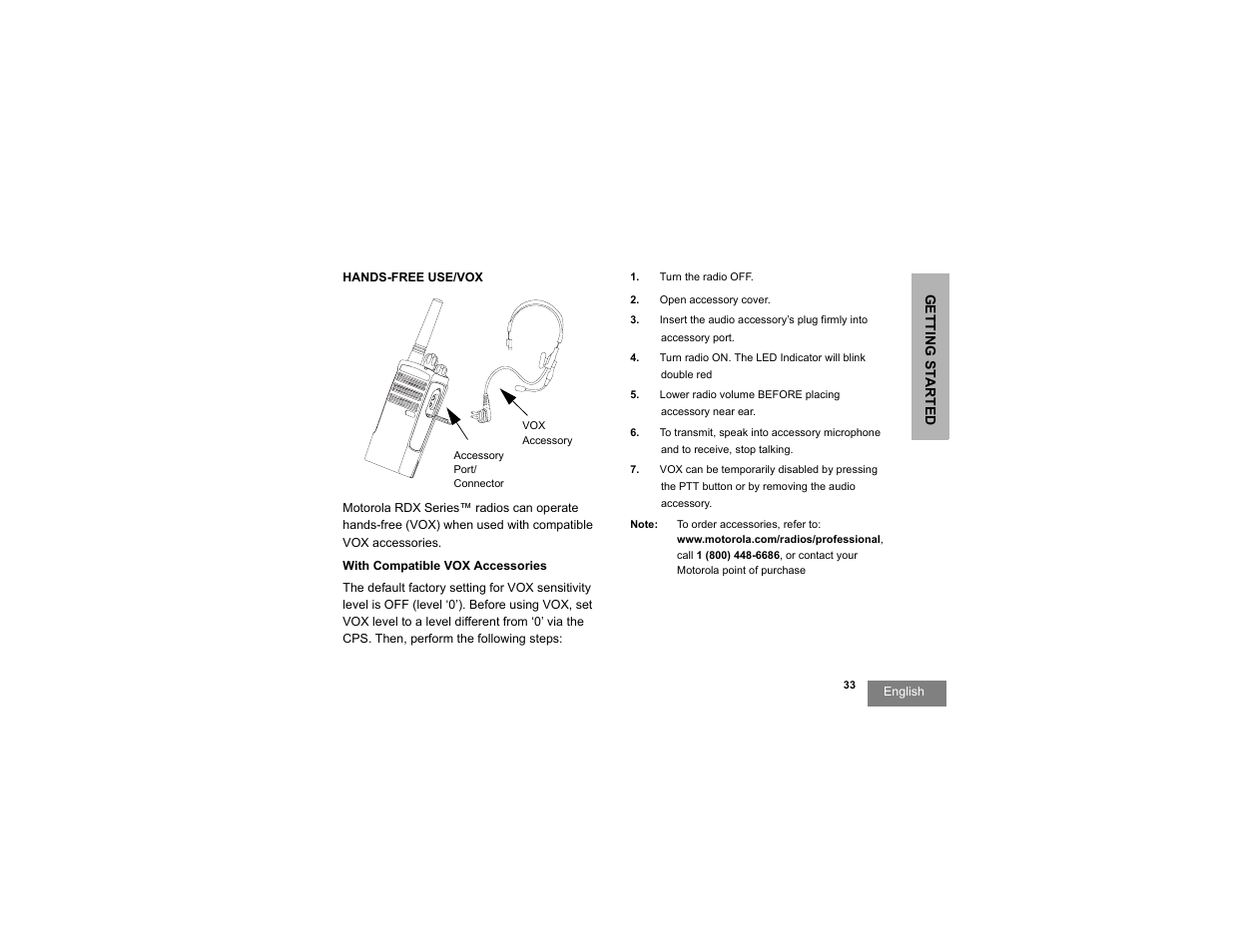 Hands-free use/vox, With compatible vox accessories | Motorola RDX SERIES RDU4100 User Manual | Page 35 / 99