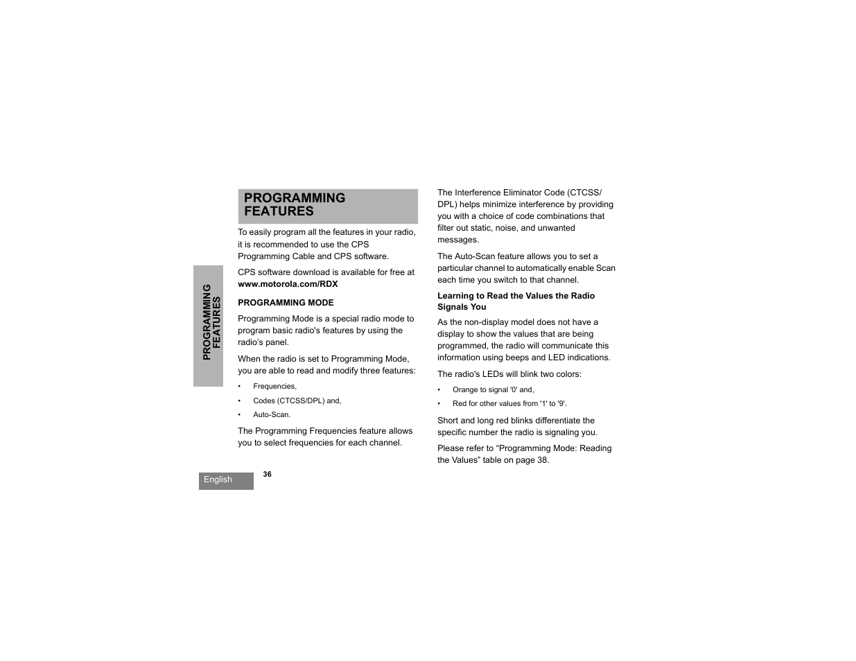 Programming features, Programming features programming mode, Learning to read the values the radio signals you | Motorola RDX SERIES RDU4100 User Manual | Page 38 / 99