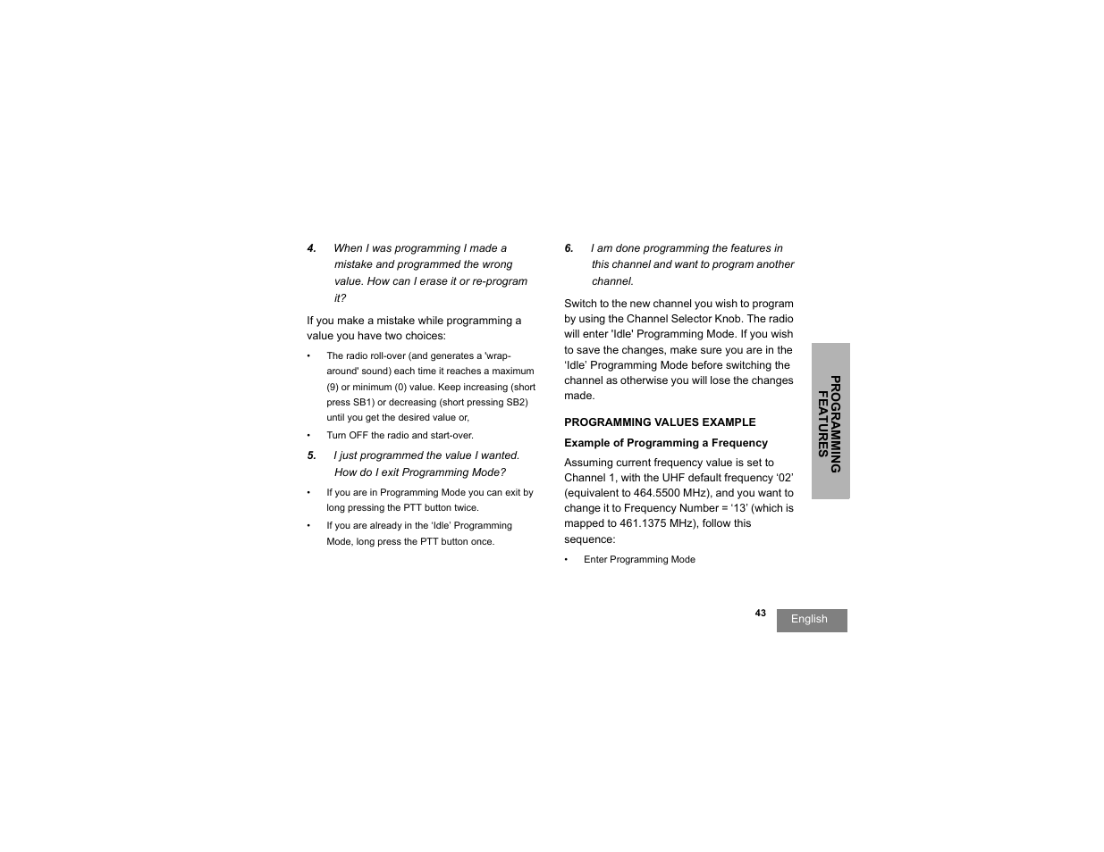 Programming values example, Example of programming a frequency . 43 | Motorola RDX SERIES RDU4100 User Manual | Page 45 / 99